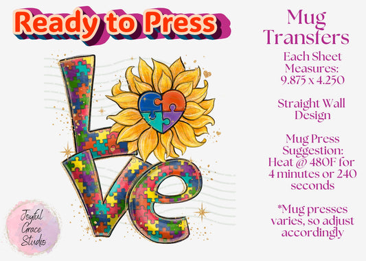 Ready to Press Mug Transfer || Autism Love with Sunflower