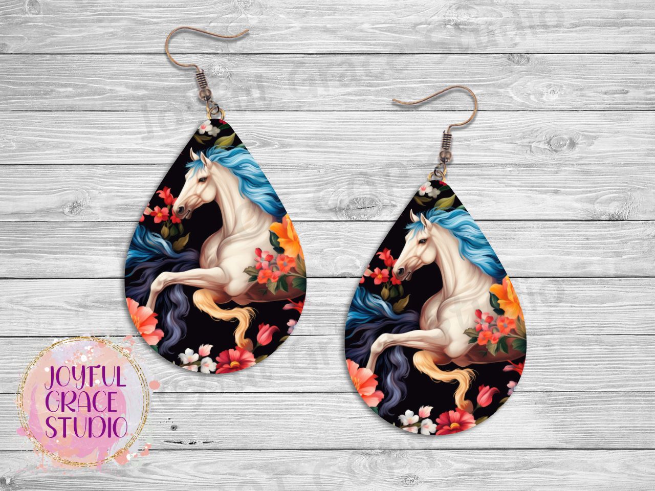 Floral White Horse Earrings