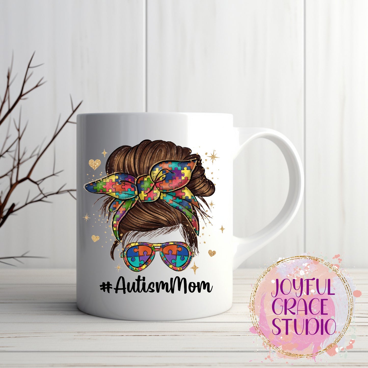 Autism Mom with Messy Bun and Sunglasses Mug