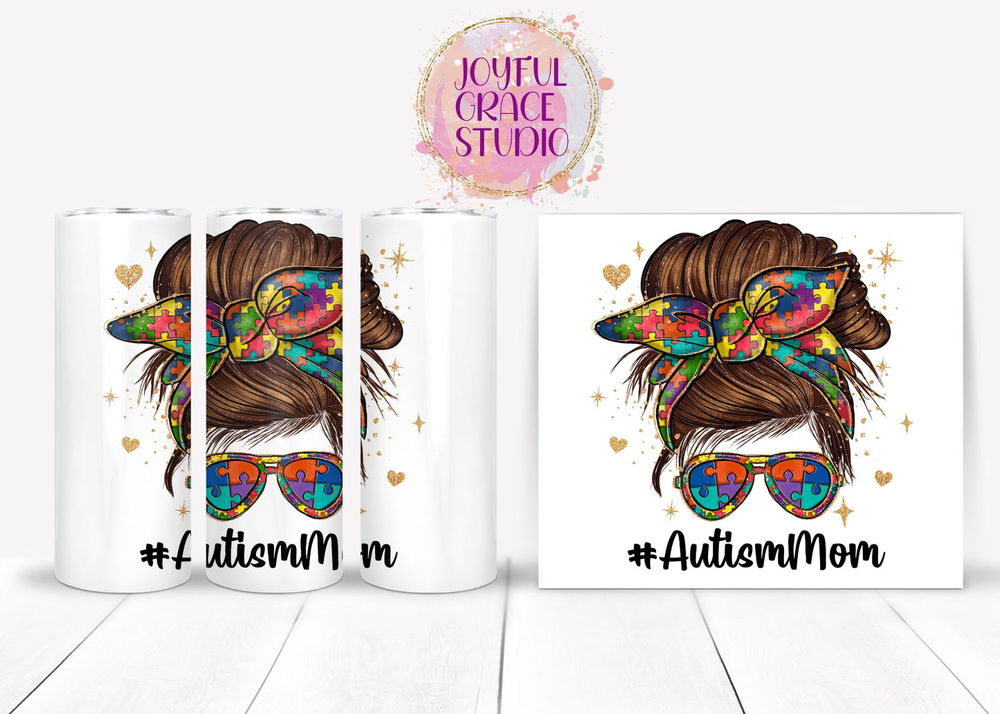 Autism Mom with Messy Bun 20 oz Skinny Tumbler