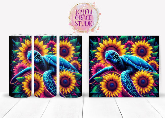 Neon Turtle with Sunflowers 20 oz Skinny Tumbler