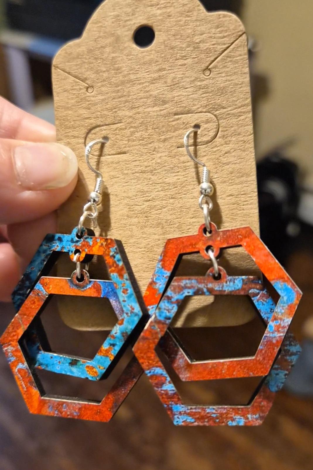 Colorful Geometric Wood Earrings | Double Hexagon Dangles