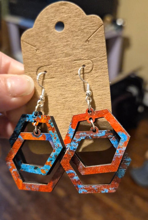 Colorful Geometric Wood Earrings | Double Hexagon Dangles