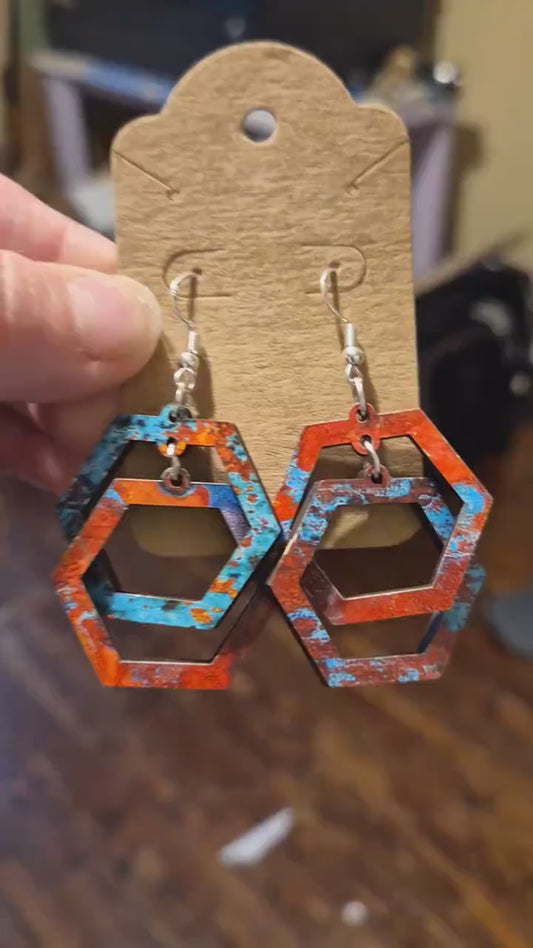 Colorful Geometric Wood Earrings | Double Hexagon Dangles